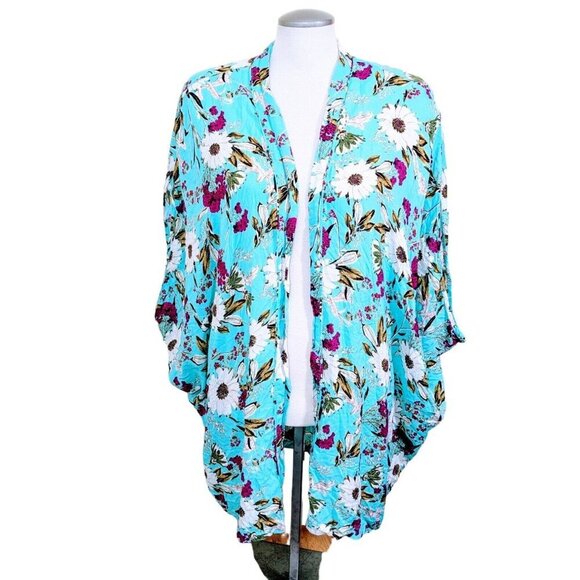 Victorias Secret Open Front Kimono Womens Size M L Blue Floral Boho Romantic - Picture 1 of 6